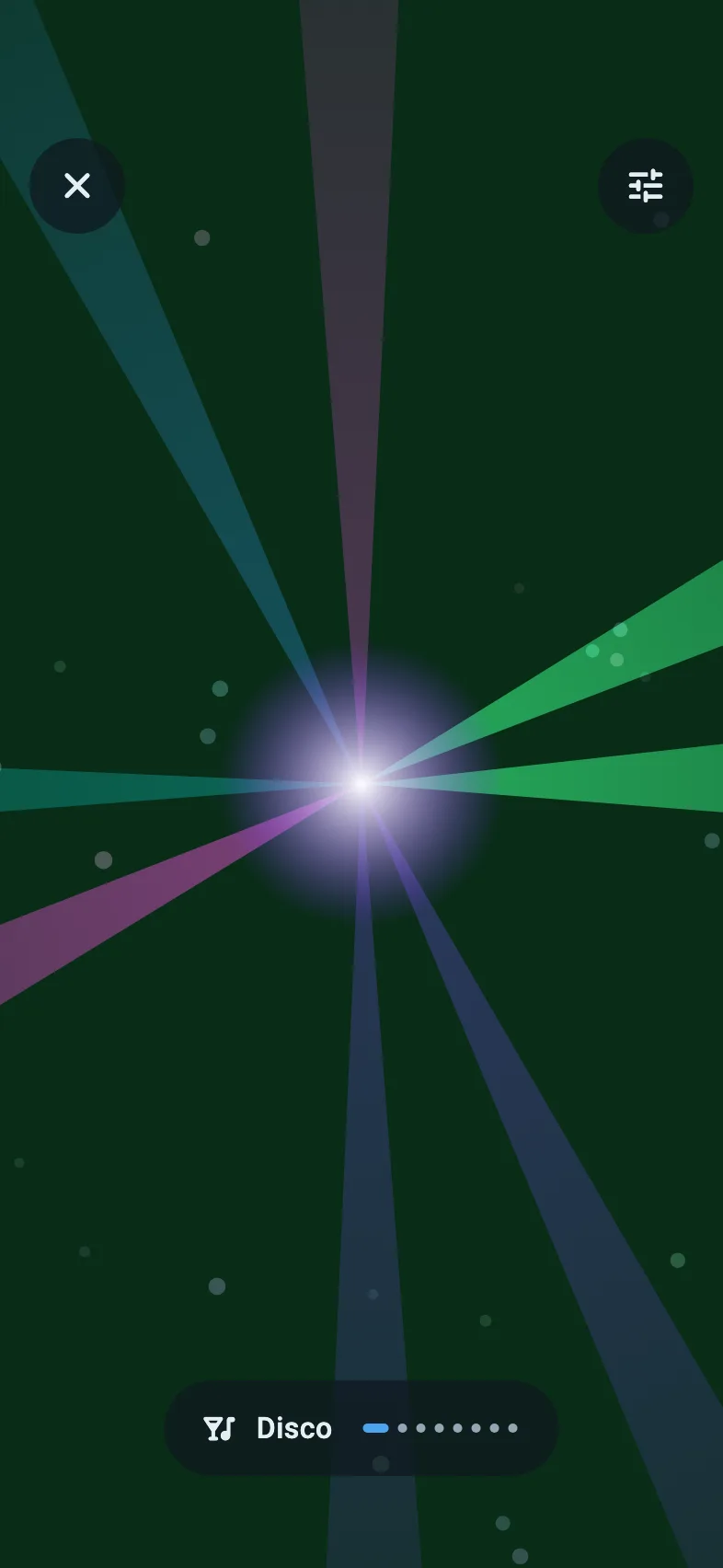 Suga's Disco mode: colored light beams sweep out from a bright point in the middle of the screen, with the mode button at the bottom.